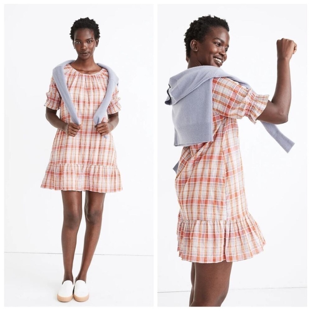 Madewell Plaid Ruffle-Sleeve Popover Mini Dress Size XS 90s Ruffles Mini Summer
